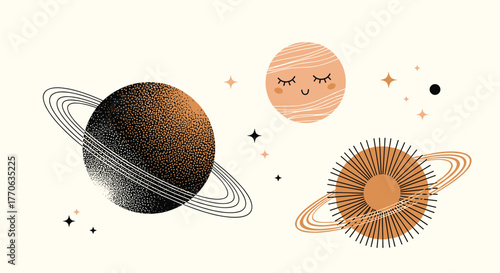 A charming bohemian cosmic illustration featuring stylized planets with rings, a cute sleeping celestial body, and twinkling stars.