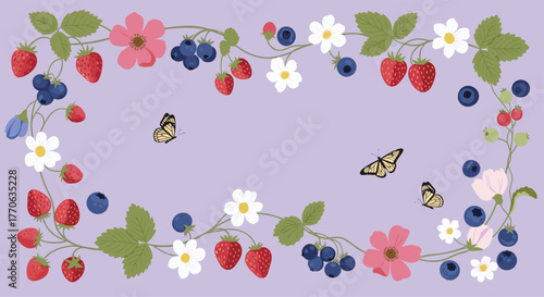 Decorative border with fresh strawberries, blueberries, and wildflowers, enhanced by graceful butterflies on a soft lavender background.