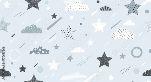 Whimsical seamless pattern of textured stars, stylized clouds, and abstract elements on a gentle blue background.
