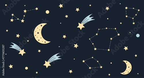 Whimsical seamless pattern of a dark night sky filled with glowing yellow stars, stylized constellations, crescent moons, and shooting stars.