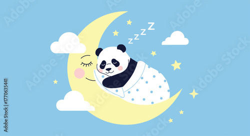 Cute cartoon panda sleeps peacefully on a smiling crescent moon, snuggled under a dotted blanket, with stars and clouds in a serene blue night sky.
