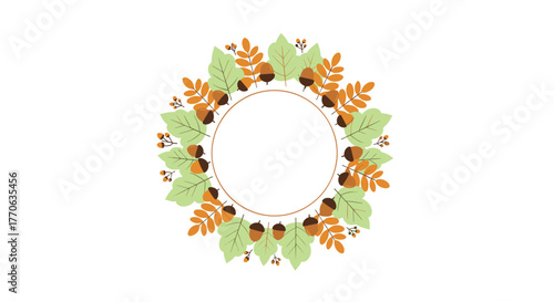 Autumn wreath illustration featuring green and orange leaves, acorns, and berries forming a round frame on a white background.