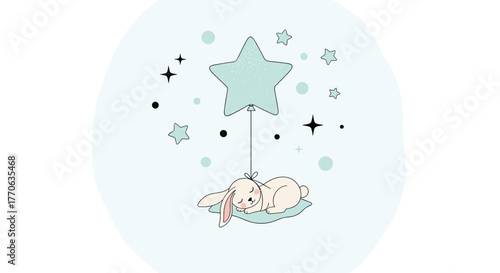 A cute sleeping bunny gently floats on a cloud-like pillow, carried by a soft blue star balloon in a dreamy, whimsical sky.
