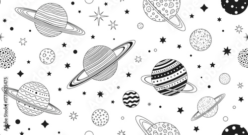 Hand drawn black and white seamless pattern of stylized planets with rings and stars, depicting a whimsical cosmic or galaxy theme.