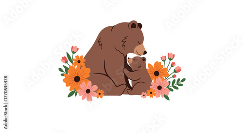 Adorable illustration of a mother bear lovingly hugging her baby cub amidst a beautiful floral arrangement, celebrating motherhood and nature.