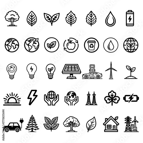 Minimal eco sustainability line icon set with renewable energy and nature symbols on white