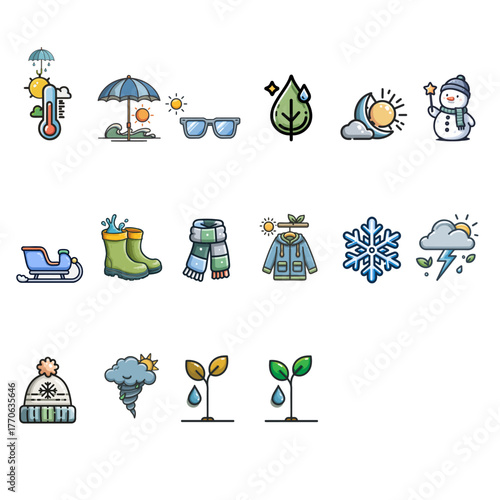 Seasonal weather icon set with temperature, climate, clothing and nature symbols isolated on white background