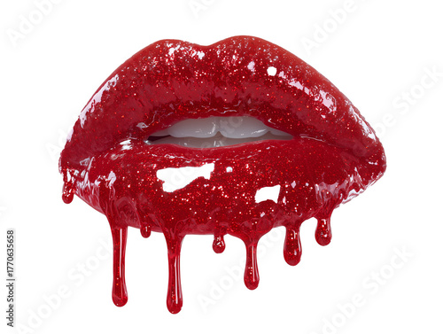 Red lips with dripping glossy glitter on white 
transparent background