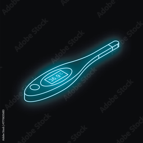 Electronic clinical thermometer showing normal body temperature in neon light style