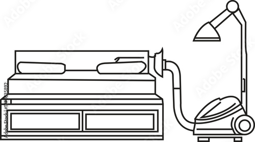 Outline Vector Illustration of a Bed and Vacuum Cleaner with Specialized Mattress Cleaning Attachment