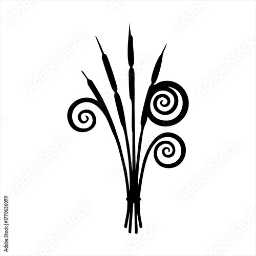 Stylized black silhouette of cattails with swirling decorative elements. A black silhouette of cattails is adorned with elegant swirling decorative elements, creating a unique botanical design.