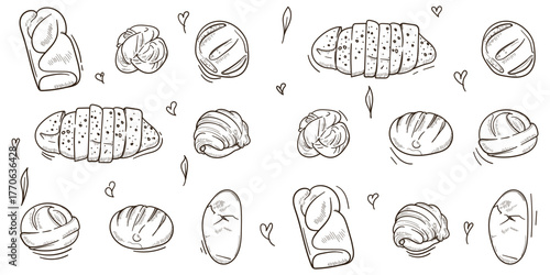 set of bread design in line art hand drawn style with monochrome design isolated on white background