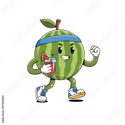 Energetic cartoon watermelon character running and holding a glass of refreshing juice drink