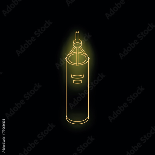 Golden neon punching bag hanging in the dark, symbolizing boxing training and fitness