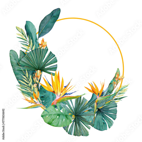 Tropical leaf and flower wreath design