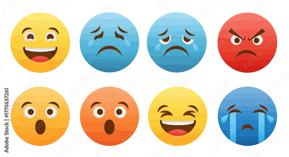 Fototapeta premium A collection of simple line art emoji icons showing various facial expressions for digital communication and mood representation