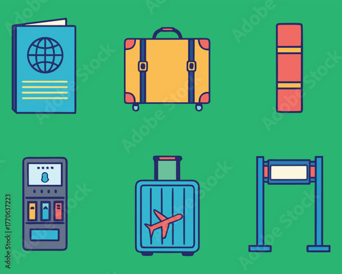 Cartoon Travel Icon Set – Passport, Suitcase, Ticket, Kiosk, Rolling Bag, and Airport Sign for Merch, Education, and Design