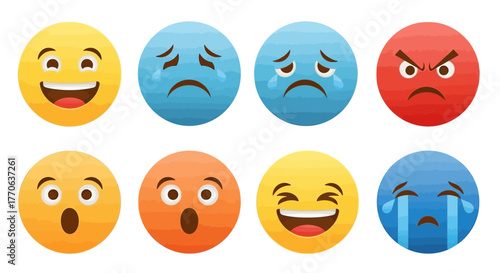 A collection of simple line art emoji icons showing various facial expressions for digital communication and mood representation