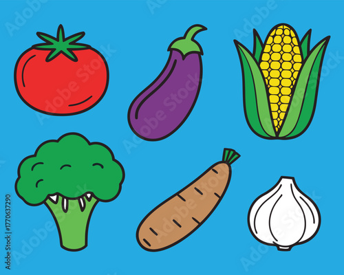 Cartoon Vegetable Icon Set – Tomato, Eggplant, Corn, Broccoli, Root Veggie, and Garlic for Merch, Education, and Wellness Projects