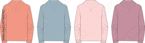 Diverse set of long-sleeve quarter-zip polo shirts presented in a clean, flat vector style, showcasing fashionable apparel in a range of muted, contemporary colors, ideal for casual and everyday wear