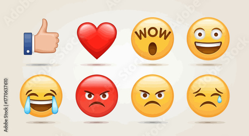 Collection of Emoji Icons Thumbs Up, Heart, Surprised Face, Smiling Face, and More Expressions