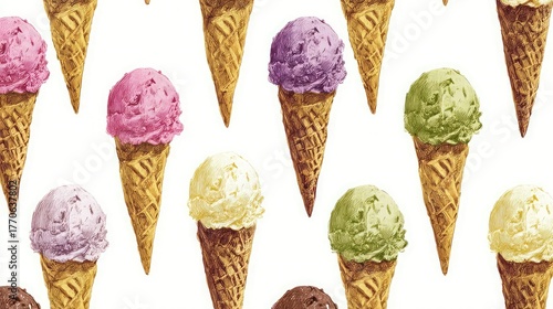 Colorful ice cream cones delicious summer treat background
