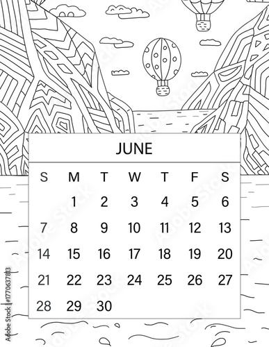 June Calendar Colouring page 2026. Monthly Coloring Pages with Seasonal Illustrations. Calendar layout with  dates and unique hand-drawn illustration inspired by the season, holidays. Planner