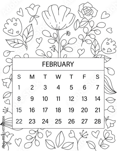 February Calendar Colouring page 2026. Monthly Coloring Pages with Seasonal Illustrations. Calendar layout with  dates and unique hand-drawn illustration inspired by the season, holidays. Planner