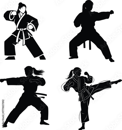 Martial arts silhouettes of people practicing karate and taekwondo vector