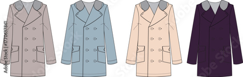 Set of technical fashion flat sketches of a classic double-breasted winter overcoat with a fur collar, shown in four different colorways for apparel design
