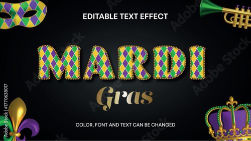 mardi gras editable text effect with gold beads