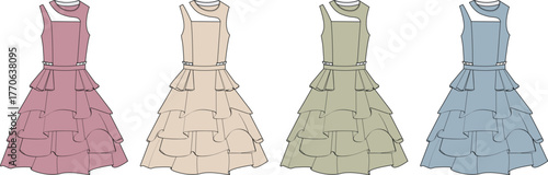 Elegant Tiered Dress Illustration in Varied Colors for Fashion Design