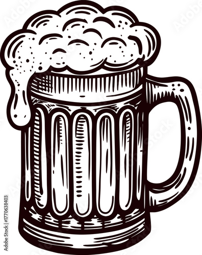 Hand drawn frothy beer mug illustration with foam and handle in vintage engraved isolated on white background