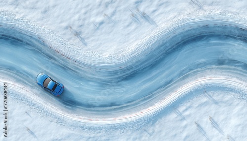 Aerial View Of Blue Car Racing On Snow-Covered Lake Track In Winter. Sport Car Speeding On Icy Path In Race Event.