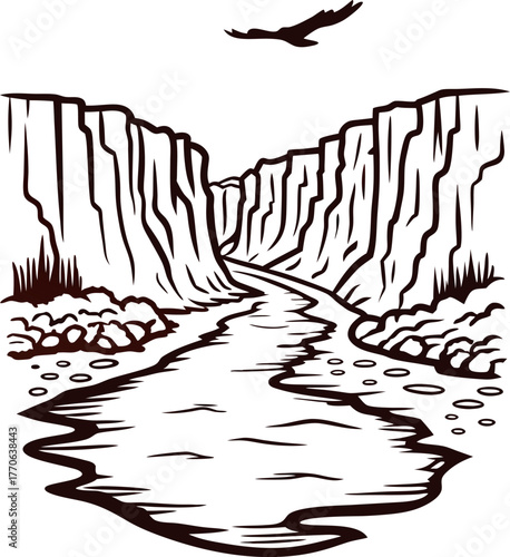 Hand drawn canyon landscape with river and soaring bird vintage engraved natural cliff illustration