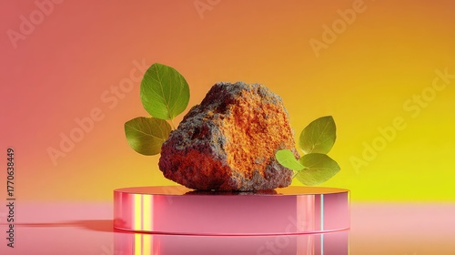 Rock and leaves on pink podium product display mockup