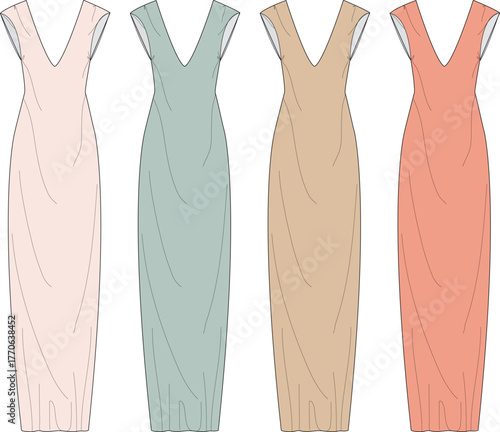 Set of women's sleeveless V-neck maxi dress technical fashion flat sketches. Vector illustration template in four color options