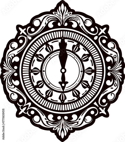 Ornate vintage clock face with intricate floral patterns and classic roman numerals in black and white illustration