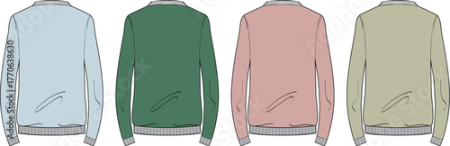 Four different colored bomber jackets displayed from the back, front view and side profile