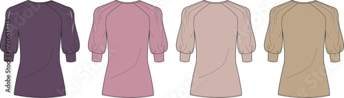 Versatile lineup of four women's comfortable long-sleeved dresses, presented as technical fashion drawings in a range of soft, contemporary color options for modern apparel design