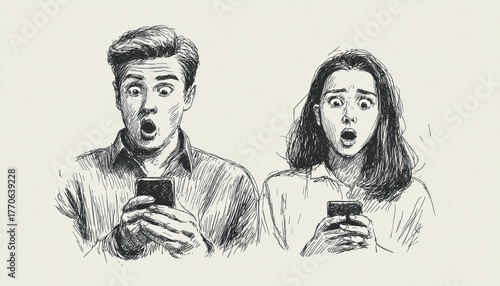 Man Holding Phone Looks Surprised After Receiving Shocking News In A Hand-Drawn Illustration. Couple Is Depicted In The Artwork.