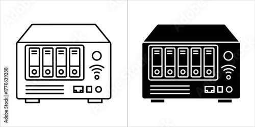 Two icons of a network attached storage device, one in outline and one in black