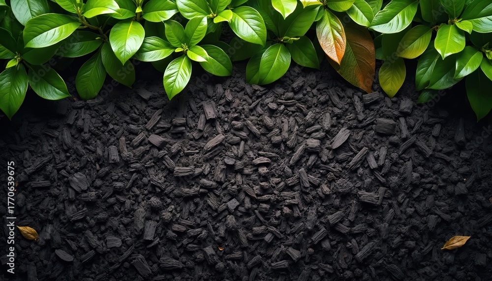 Naklejka premium Dark mulch covers ground with green leaves. Used for landscaping, gardening, decoration. Black wood chips texture looks stylish. Natural ground, fresh plants backdrop. Earthy aesthetic, sustainable
