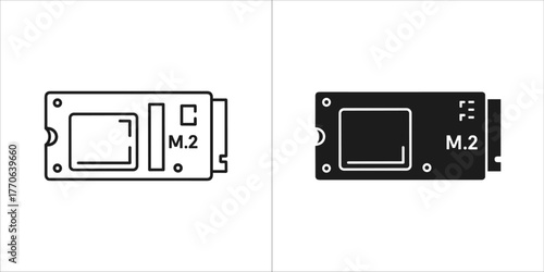 Two icons of an m2 solid state drive, one outlined and one solid black