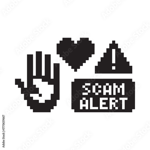 Pixelated icons representing scam alert stop and warning signs