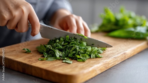 Close Up Shot of a Person Chopping Fresh Basil with a Mezzaluna Knife. Creating a Vibrant Pesto Sauce in a Cozy Modern Kitchen. Natural Nutrition and Wholesome Food Concept.  