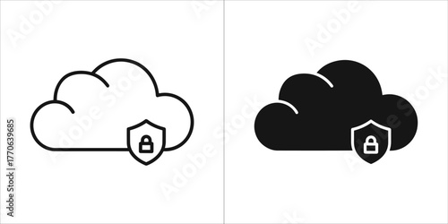 Cloud security icon with lock symbol, outline and filled versions