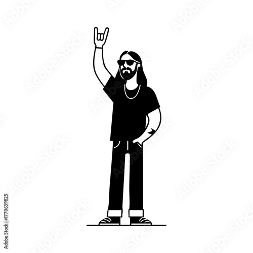 Bearded man in sunglasses raising rock hand gesture represents heavy metal culture, rock fans, or music lifestyle and concert enthusiasm.