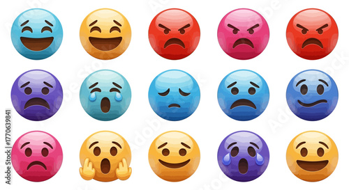 Collection of expressive emojis showing a range of emotions from joy to anger and sadness