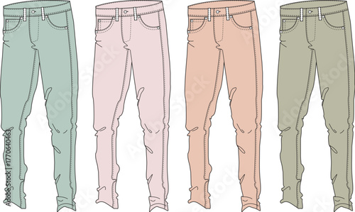 Collection of casual denim jeans in various pastel colors against a white background, perfect for fashion design and clothing concepts